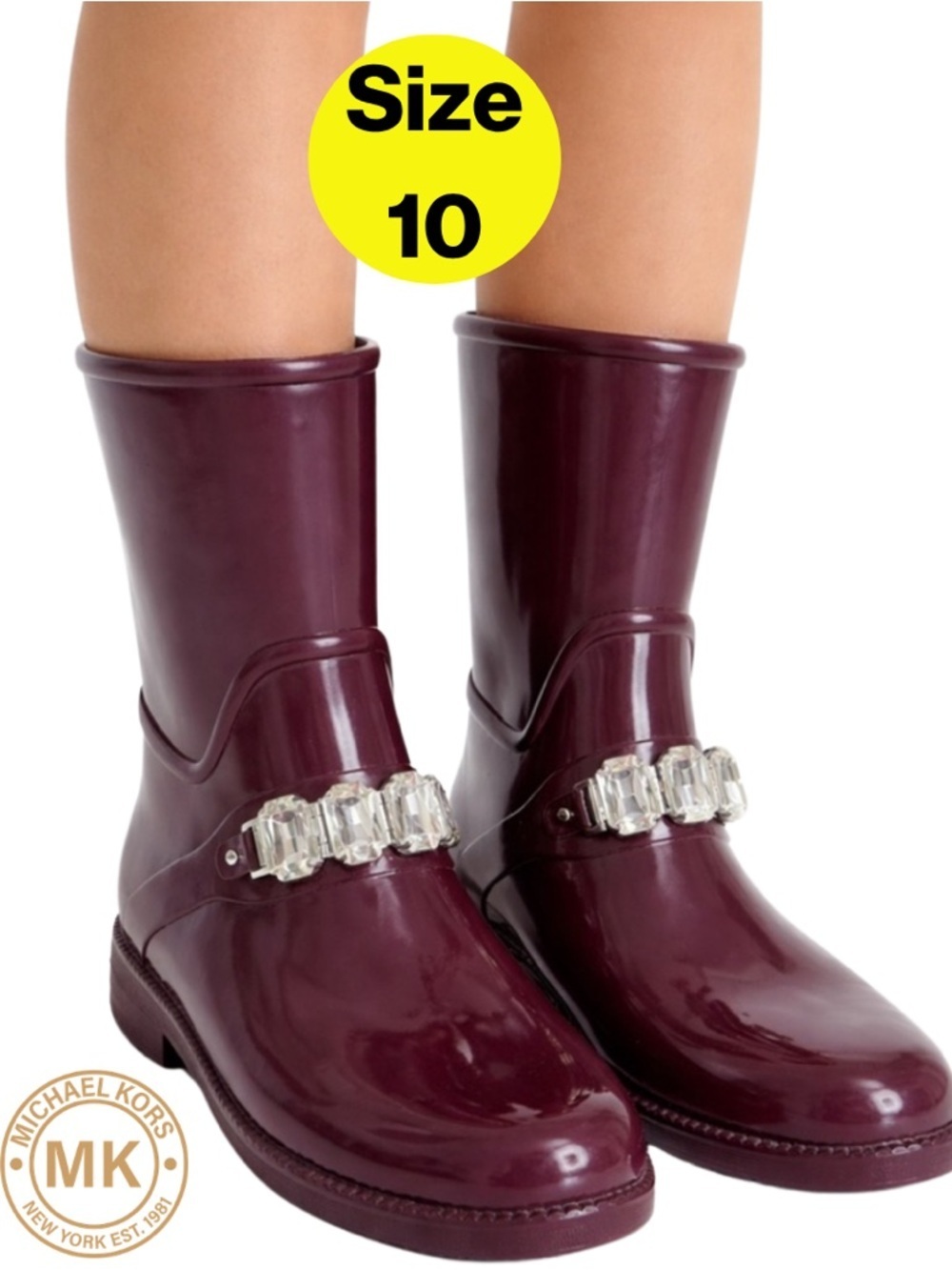 MICHAEL KORS 💜 Glossy Burgundy Rubber Rain Calf Boots “The Leslie” (Size 10)